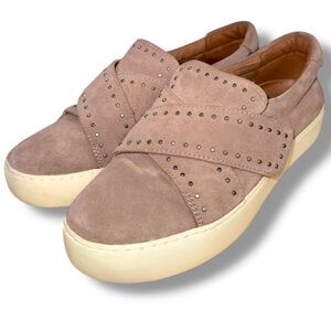 Frye Nina Stud Taupe Suede Crisscross Slip On Platform Sneakers Womens 10